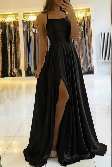 Charming Spaghetti Straps Satin Evening Dress with Side Slit  Black