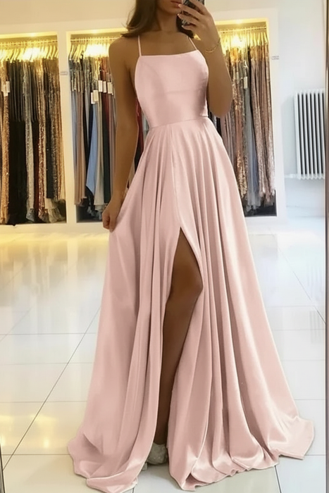 Charming Spaghetti Straps Satin Evening Dress with Side Slit  Blush Pink