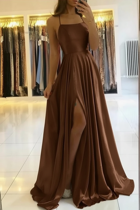 Charming Spaghetti Straps Satin Evening Dress with Side Slit  Brown