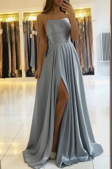 Charming Spaghetti Straps Satin Evening Dress with Side Slit  Dusty Blue