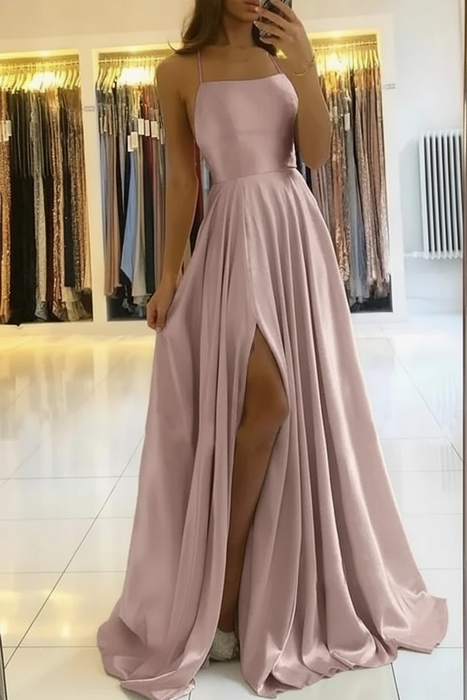 Charming Spaghetti Straps Satin Evening Dress with Side Slit  Dusty Pink