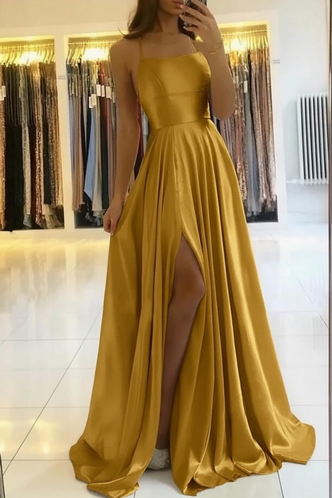 Charming Spaghetti Straps Satin Evening Dress with Side Slit Gold