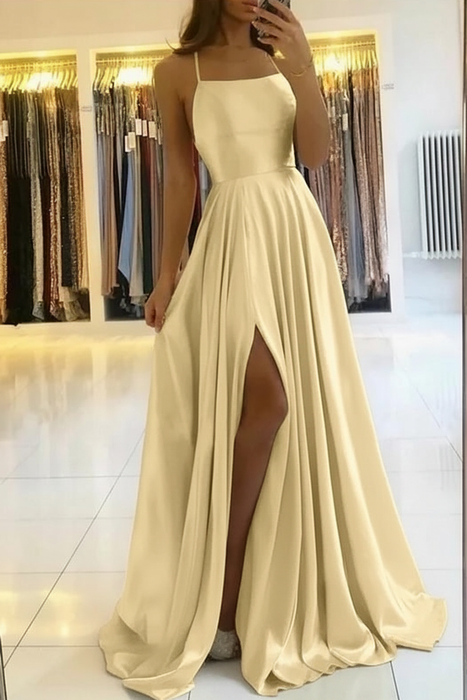 Charming Spaghetti Straps Satin Evening Dress with Side Slit Light Yellow