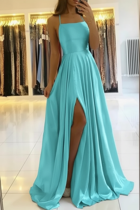Charming Spaghetti Straps Satin Evening Dress with Side Slit Pool