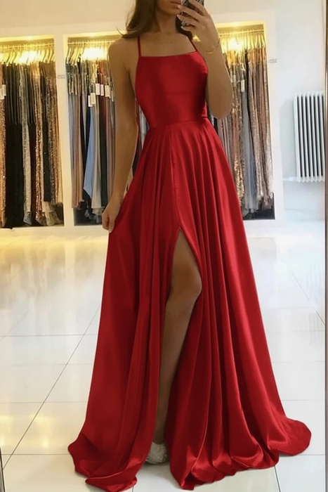 Charming Spaghetti Straps Satin Evening Dress with Side Slit  Red