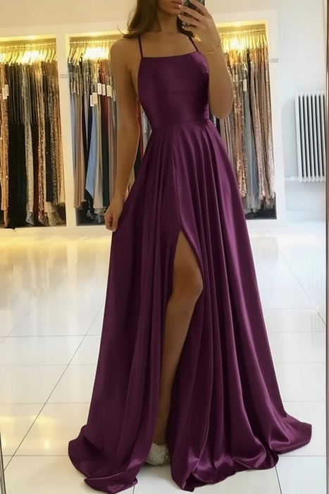 Charming Spaghetti Straps Satin Evening Dress with Side Slit Regency