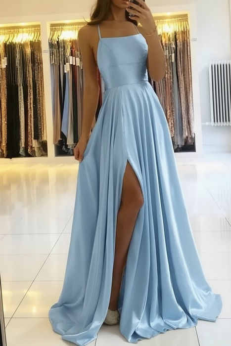 Charming Spaghetti Straps Satin Evening Dress with Side Slit Sky Blue