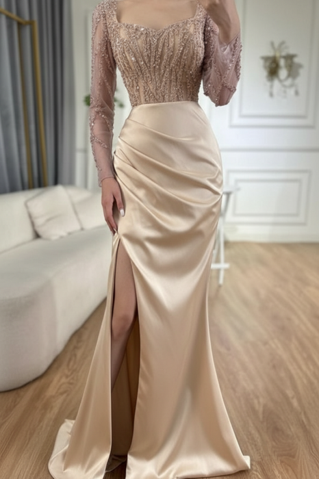 Charming Scoop Neck Beaded Lace Ruched Satin Side Split Prom Dress