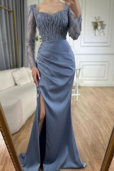 Charming Scoop Neck Beaded Lace Ruched Satin Side Split Prom Dress