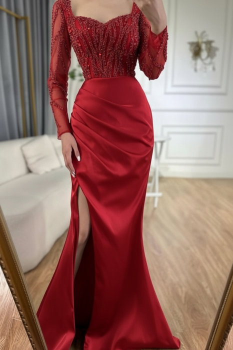 Charming Scoop Neck Beaded Lace Ruched Satin Side Split Prom Dress