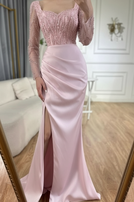 Charming Scoop Neck Beaded Lace Ruched Satin Side Split Prom Dress