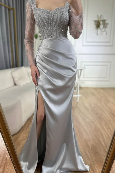 Charming Scoop Neck Beaded Lace Ruched Satin Side Split Prom Dress