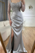 Charming Scoop Neck Beaded Lace Ruched Satin Side Split Prom Dress