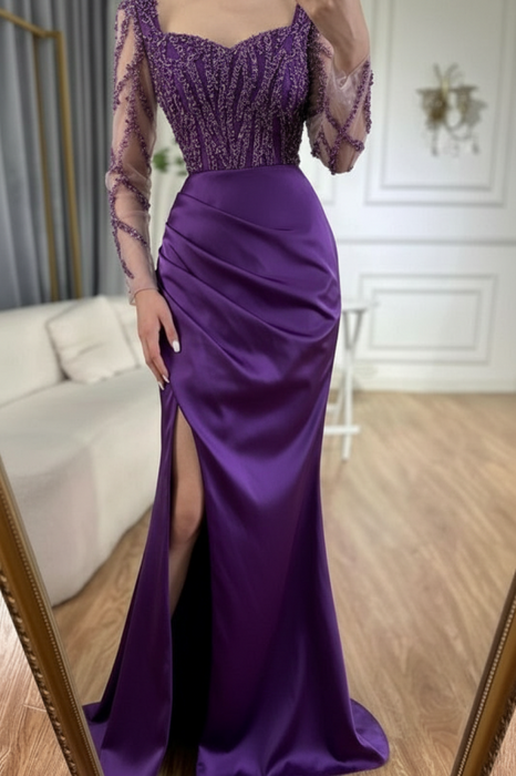 Charming Scoop Neck Beaded Lace Ruched Satin Side Split Prom Dress