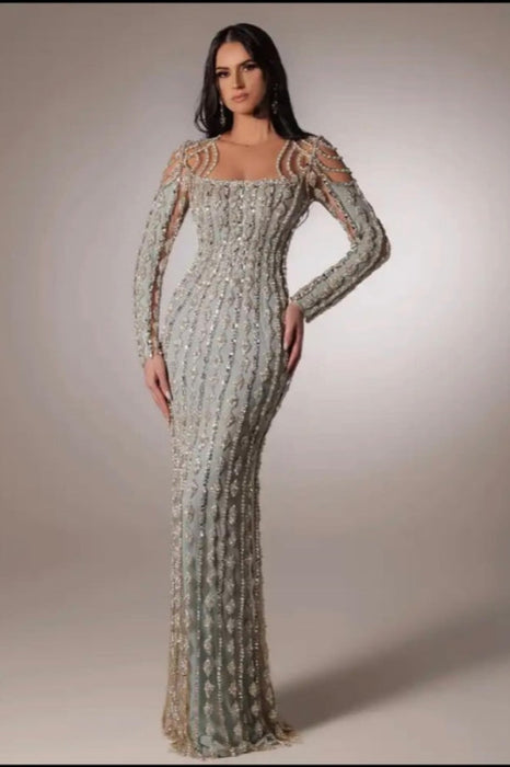 Charming Square Neck Beadings Sheath Evening Prom Dress Long Sleeves