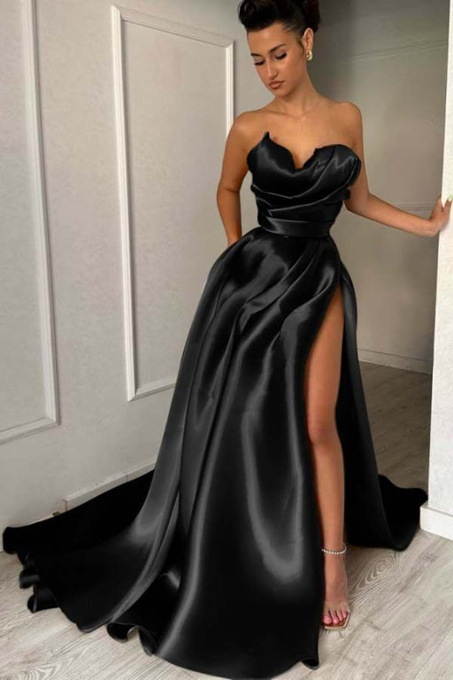 Charming Strapless Ruffle Satin Prom Dress with High Split - Black