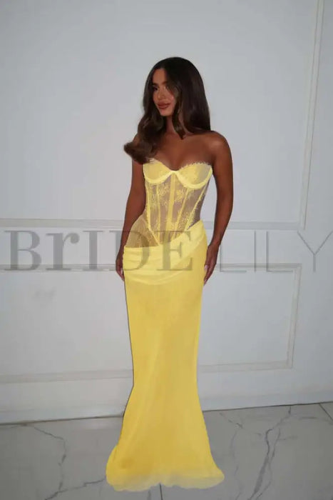 Charming Sweetheart Lace Mermaid Prom Dress Sleeveless - Yellow