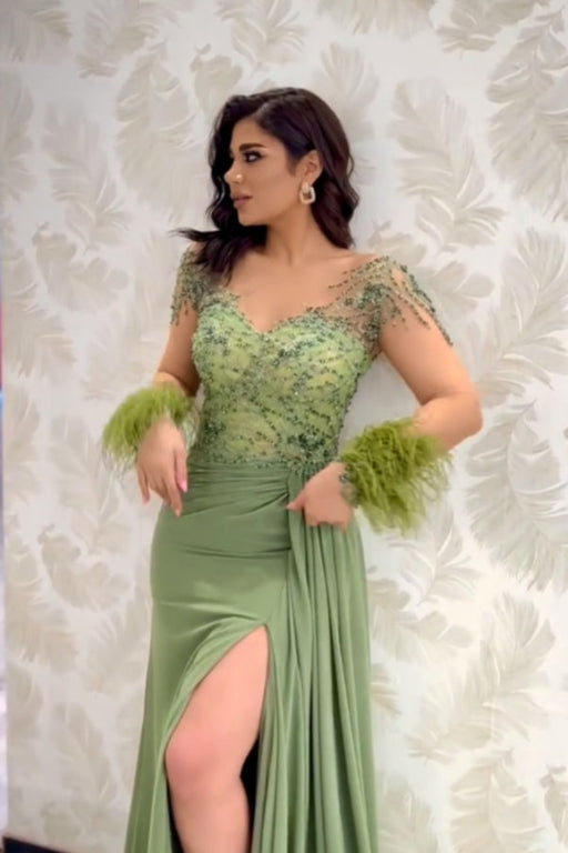 Charming V neck Beadings Satin Evening Dress Long Sleeves Side Split Party Dress with Feather