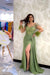 Charming V neck Beadings Satin Evening Dress Long Sleeves Side Split Party Dress with Feather