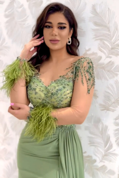 Charming V neck Beadings Satin Evening Dress Long Sleeves Side Split Party Dress with Feather