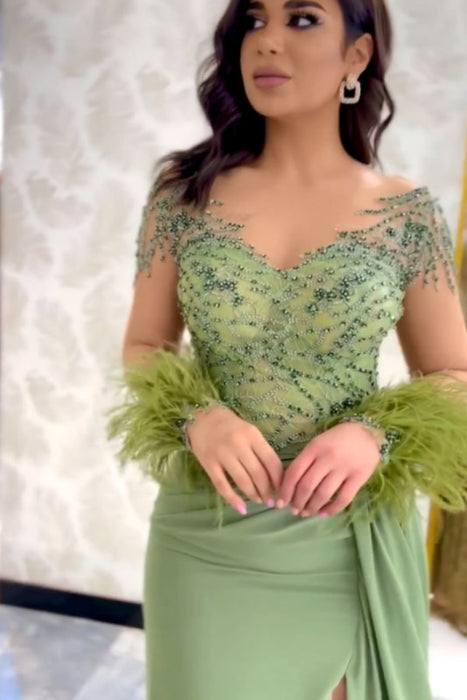 Charming V neck Beadings Satin Evening Dress Long Sleeves Side Split Party Dress with Feather