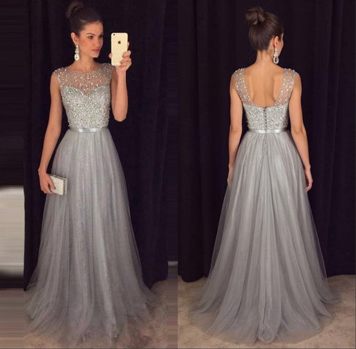 Cheap A-line Gray Sleeveless Tulle Sequined Long Formal Dress Prom Dresses - Prom Dresses