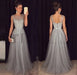 Cheap A-line Gray Sleeveless Tulle Sequined Long Formal Dress Prom Dresses - Prom Dresses