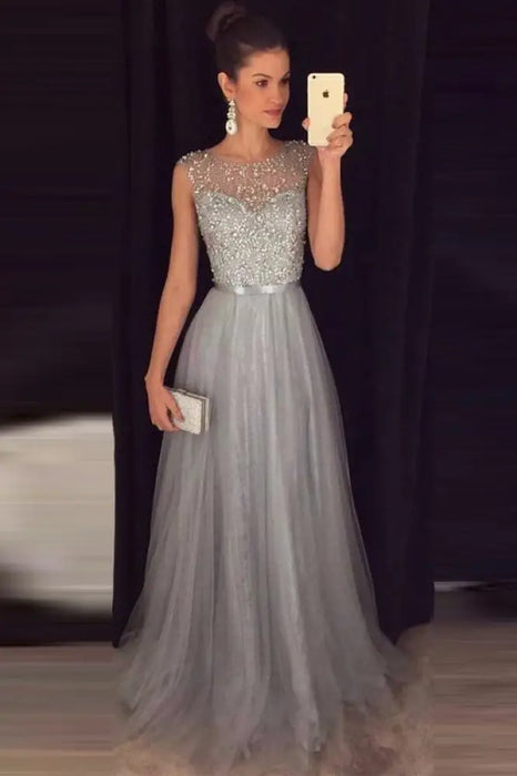 Cheap A-line Gray Sleeveless Tulle Sequined Long Formal Dress Prom Dresses - Prom Dresses