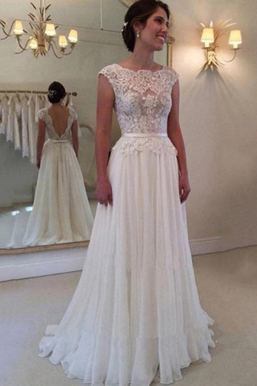 Cheap Jewel Backless Lace A Line Wedding Dresses wedding dresses