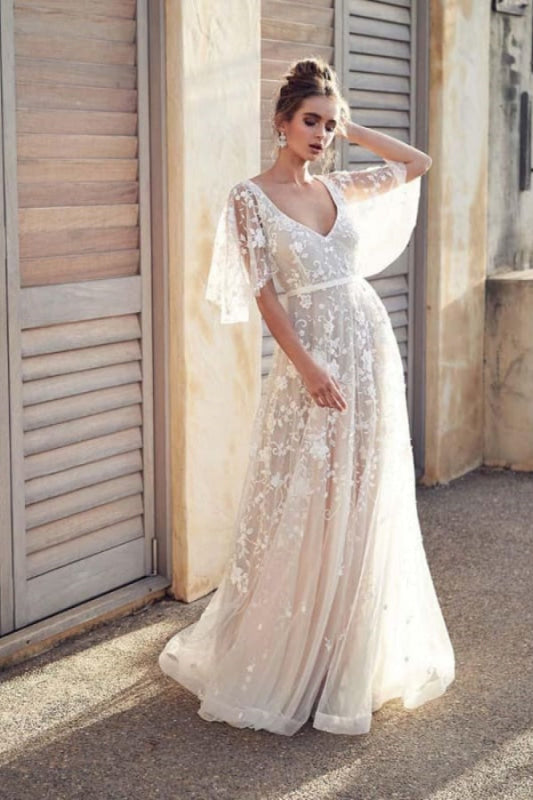 V Neck Half Sleeve Lace Boho Wedding Dress