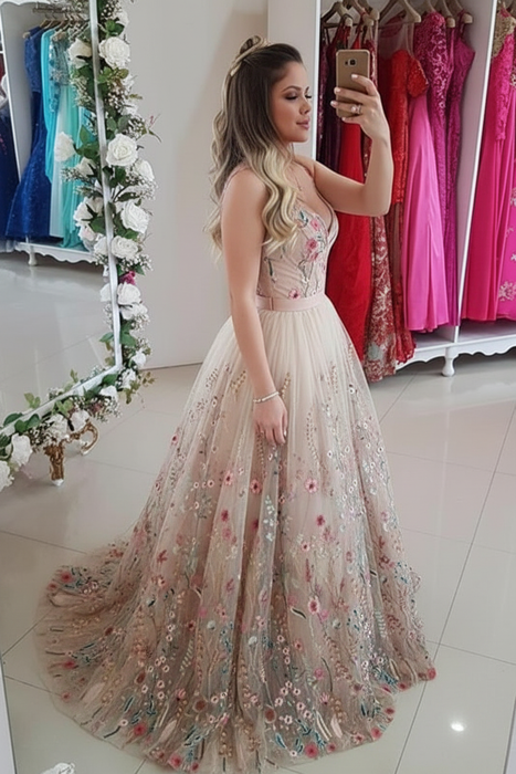 Cheap V Neck Straps Floral Prom Sleeveless Long Formal Dresses - Prom Dresses
