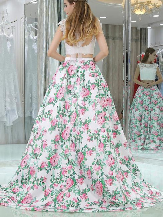 Chic Affordable Sexy Princess Two Piece Cap Sleeves White Lace Floral Long Prom Dresses - Prom Dresses