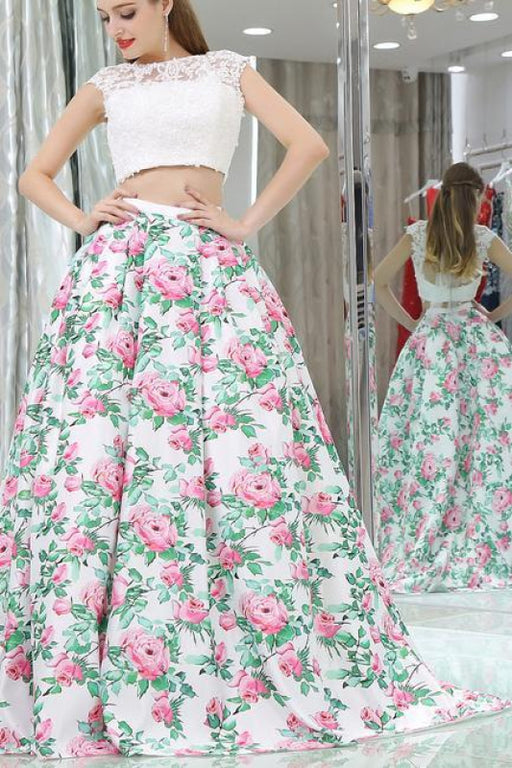 Chic Affordable Sexy Princess Two Piece Cap Sleeves White Lace Floral Long Prom Dresses - Prom Dresses
