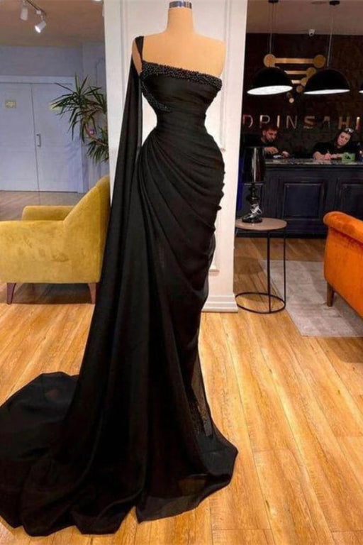 Chic Black One Shoulder Mermaid Prom Gown Adorned with Shimmering Beads
