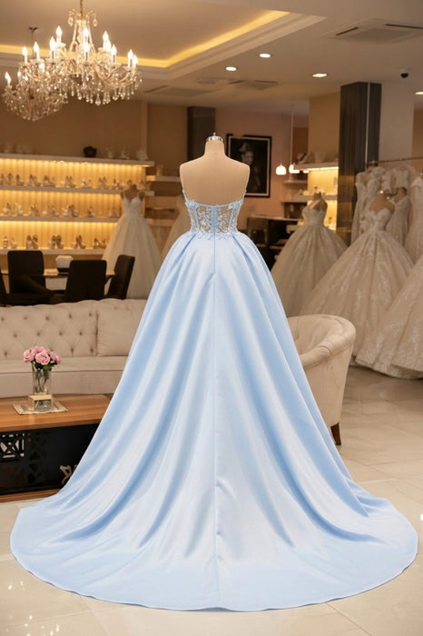 Chic Blue Lace Evening Dress Long A-Line Prom Gown