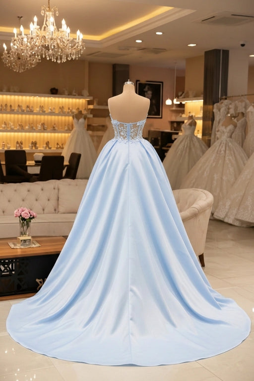 Chic Blue Lace Evening Dress Long A-Line Prom Gown