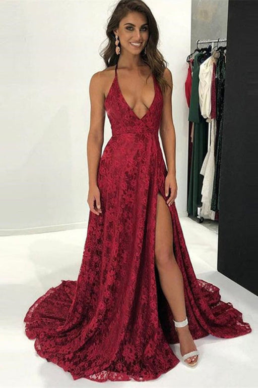 Chic Bordeaux Lace Prom Gown with Stunning V-Neck