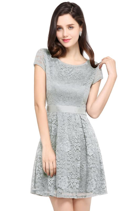 Chic Crew Neck Lace Mini Party Dress with Sash Short Formal Dress - Silver / US 2 - Prom Dresses