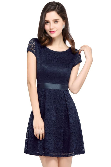 Chic Crew Neck Lace Mini Party Dress with Sash Short Formal Dress - Navy Blue / US 2 - Prom Dresses