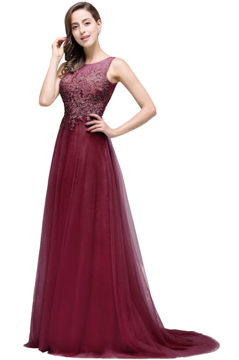 Chic Crew Neck Tulle Lace Aline Evening Dress Sleeveles Beading Party Wear Dress - Burgundy / US 2 - Prom Dresses