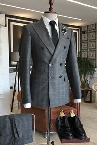New Arrival Dark Gray Peaked Lapel Double Breasted Plaid Business Suit main image 1