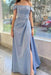Chic Dusty Blue Off-The-Shoulder Prom Dress with Elegant Pleats and Thigh-High Split