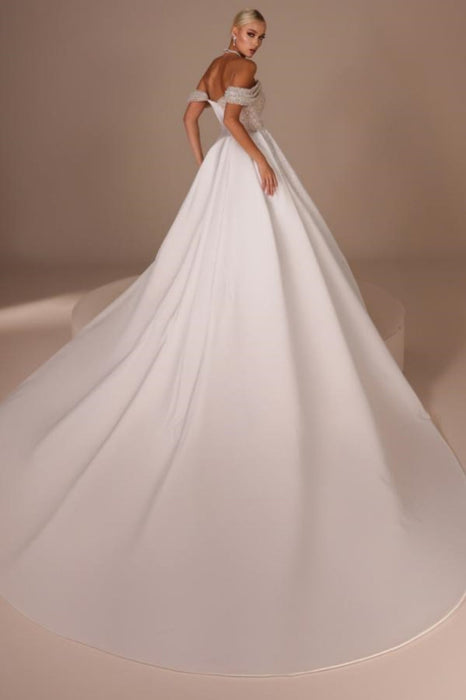 Glitter Off-Shoulder Mermaid Wedding Dress with Chapel Train-Bridelily Glitter Off-Shoulder Mermaid Wedding Dress with Chapel Train-Bridelily