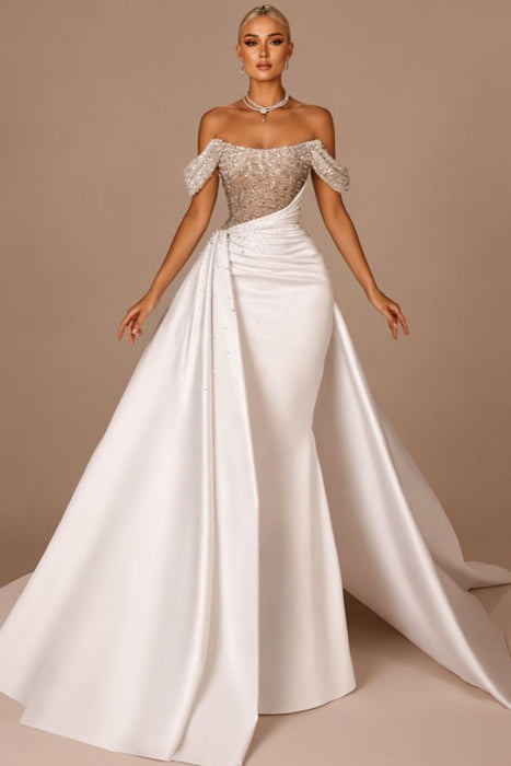 Chic Glitter Off-Shoulder Satin Mermaid Chapel Train Evening Dress