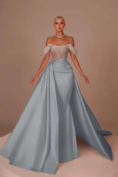 Chic Glitter Off-Shoulder Satin Mermaid Chapel Train Wedding Dress - evening dresses