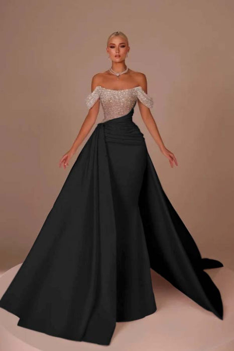 Glitter Off-Shoulder Mermaid Wedding Dress with Chapel Train-Bridelily Glitter Off-Shoulder Mermaid Wedding Dress with Chapel Train-Bridelily