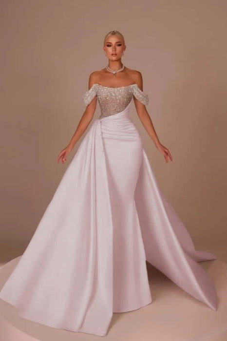 Chic Glitter Off-Shoulder Satin Mermaid Chapel Train Wedding Dress - evening dresses