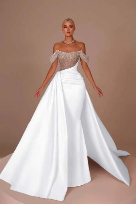 Chic Glitter Off-Shoulder Satin Mermaid Chapel Train Wedding Dress - evening dresses