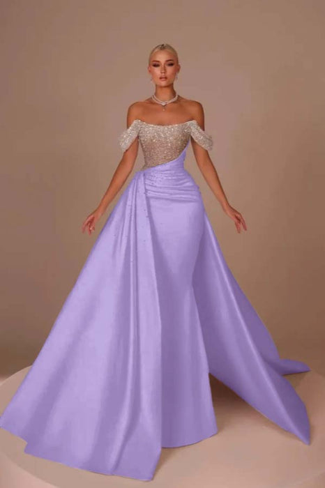 Chic Glitter Off-Shoulder Satin Mermaid Chapel Train Wedding Dress - evening dresses