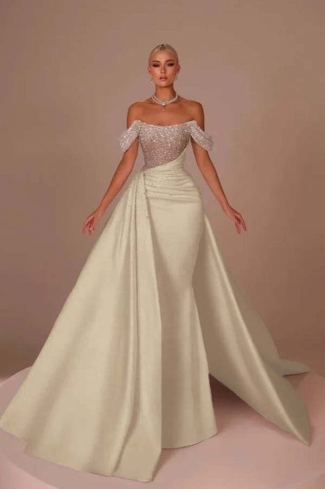 Glitter Off-Shoulder Mermaid Wedding Dress with Chapel Train-Bridelily Glitter Off-Shoulder Mermaid Wedding Dress with Chapel Train-Bridelily